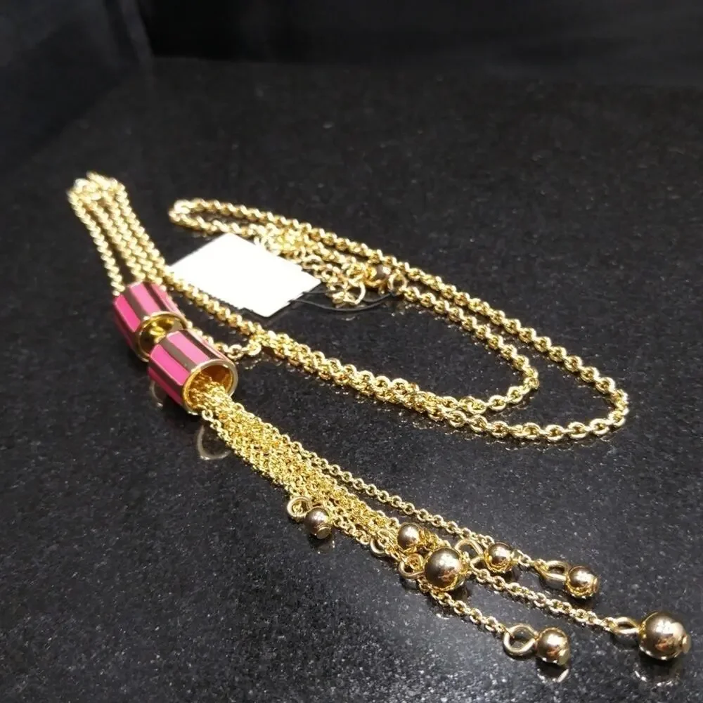 Talbots Gold Tassel Long Necklace, Red Enamel Beads, New With Tags